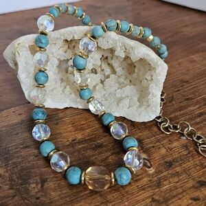 Upcycled Aurora Borealis, Faux Turquoise and Gold-tone Beaded Necklace